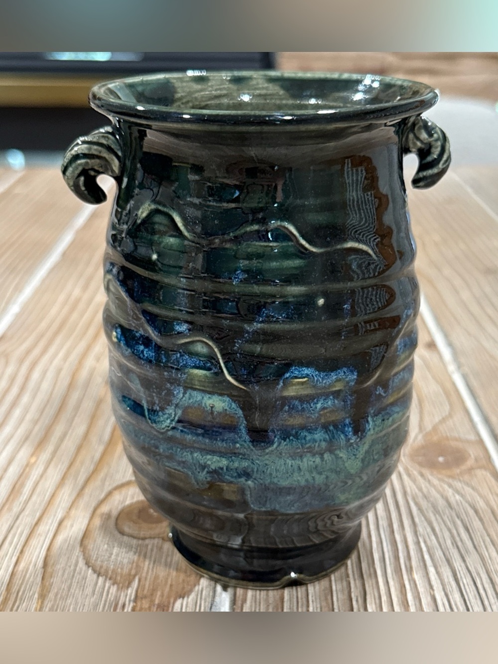 Joshua McCurdy Studio Art Pottery Crock Vase 2013 Signed Blue Green Drip Glaze